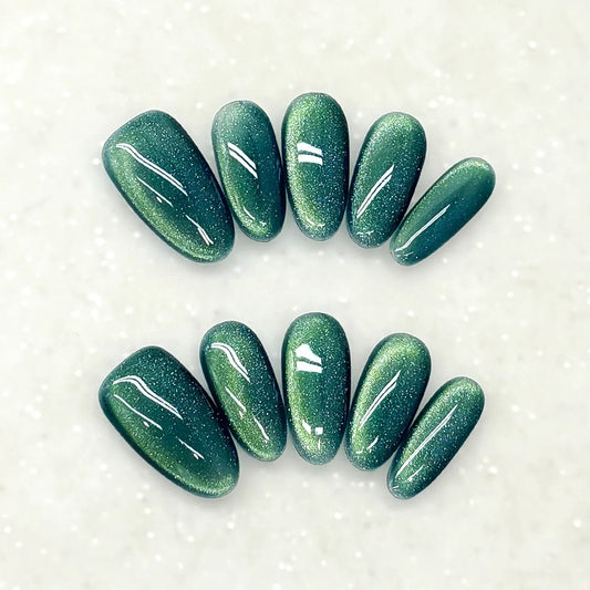EvadiaGrace Emerald Green Cat Eye Press On Nails Elegant Reusable False Nails