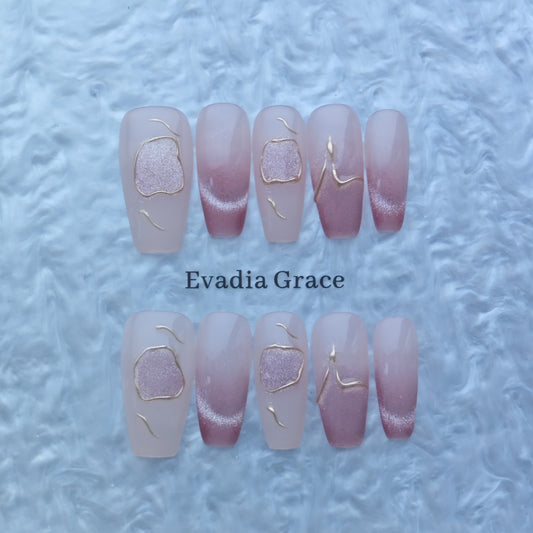 Elegant Nude Pink Gradient Press-On Nails with Gold Line Art