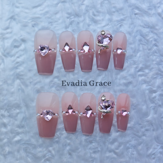 Romantic Pink Crystal Heart Press-On Nails