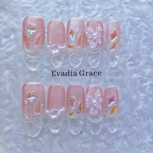 Fairy Pink Butterfly Crystal Press-On Nails