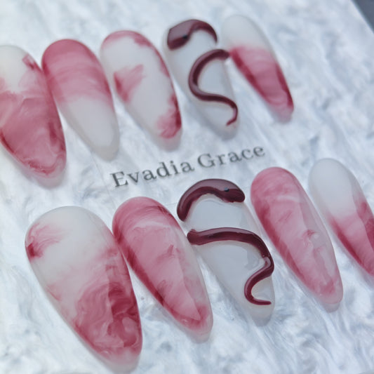 Marble Red and White Press On Nails – 3D Snake Design | Long Coffin Fake Nails | Reusable Luxury Nail Art Tips