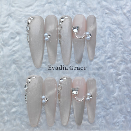 Nude Silver Pearl Butterfly Press On Nails – Elegant Long Stiletto Fake Nails | Bridal & Party Reusable Nail Art Tips