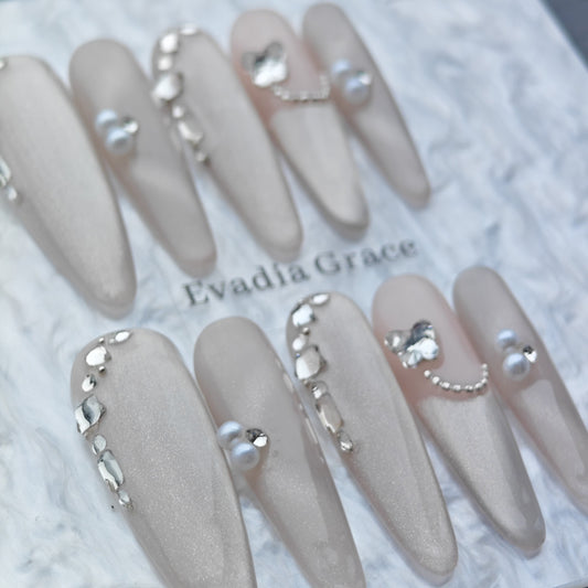 Nude Silver Pearl Butterfly Press On Nails – Elegant Long Stiletto Fake Nails | Bridal & Party Reusable Nail Art Tips