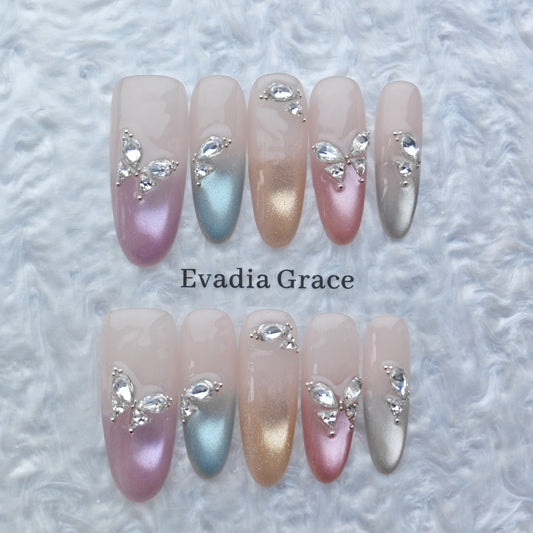 Romantic Lilac Gradient Press-On Nails – 3D Crystal Heart & Butterfly Accents