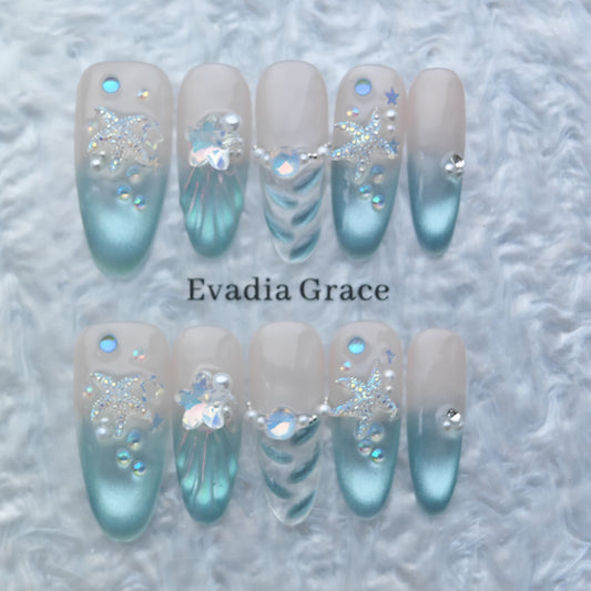 Mermaid Sea Star Press-On Nails – Ocean Blue Gradient Shell Design with Pearls & Crystals