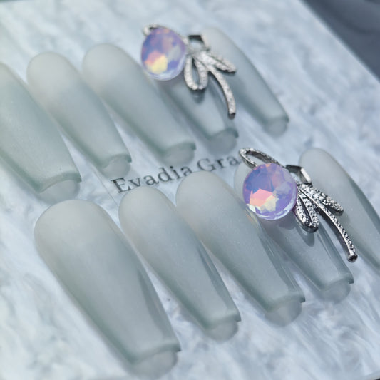Silver Frost Matte Press-On Nails – Minimalist Opal Gem with Metal Ribbon Accent