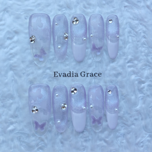 Lilac Butterfly Pearl Nails – Soft Purple Sparkle Press-On Nails with 3D Crystals & Pearls | Fairycore Pastel Nails by Evadia Grace