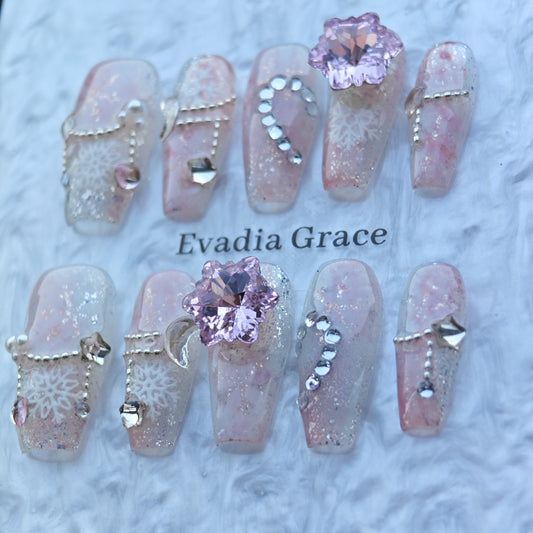 Pink Crystal Snowflake Nails – Winter Fairy Princess Press-On Nails with Pink Gem & Snowflake Charms | Evadia Grace