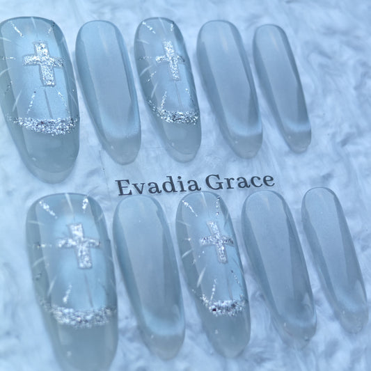 Ice Silver Cross Nails – Frosted White Glazed Press-On Nails with Glitter Halo & Holy Light Design | Evadia Grace