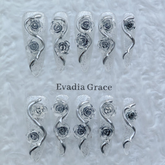 Frosted Silver Rose Nails – 3D Metallic Gothic Rose Press-On Nails with Crystal Glitter