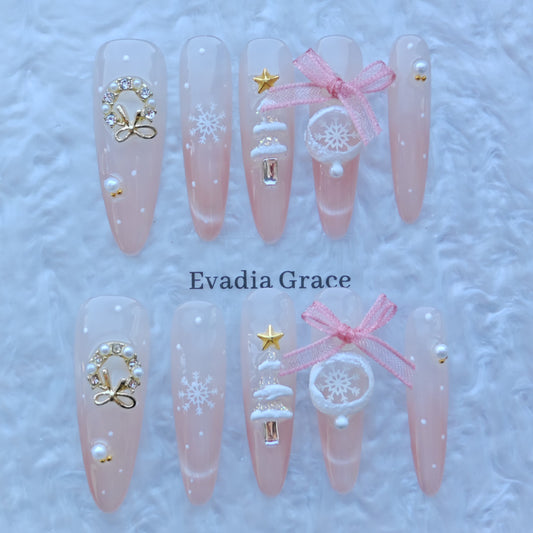 Pink Christmas Snowflake Nails – Soft Pink Holiday Press-On Nails with 3D Bow & Snow Wreath Charms