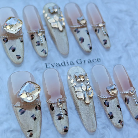 Champagne Leopard Nails – Nude Gold Crystal Press-On Nails with Leopard Accents | Luxury Statement Nails by Evadia Grace