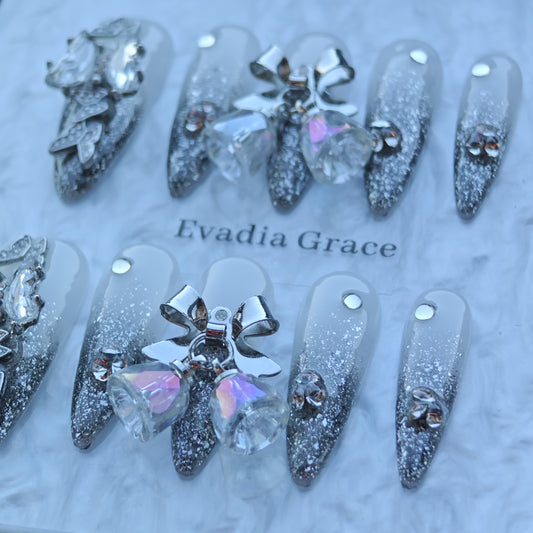 Silver Bell Butterfly Nails – Grey Ombre Glitter Press-On Nails with Crystal Bow Charms | Luxury Fairycore Nails by Evadia Grace