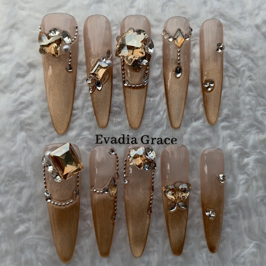 Champagne Luxe Crystal Press-On Nails by Evadia Grace – Nude Gold Rhinestone Handmade Reusable Nails