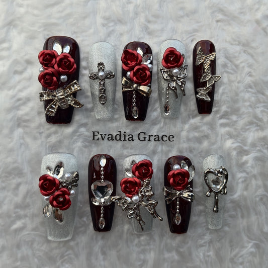 Burgundy Rose Gothic Press-On Nails by Evadia Grace – Red 3D Flower Handmade Reusable Nails