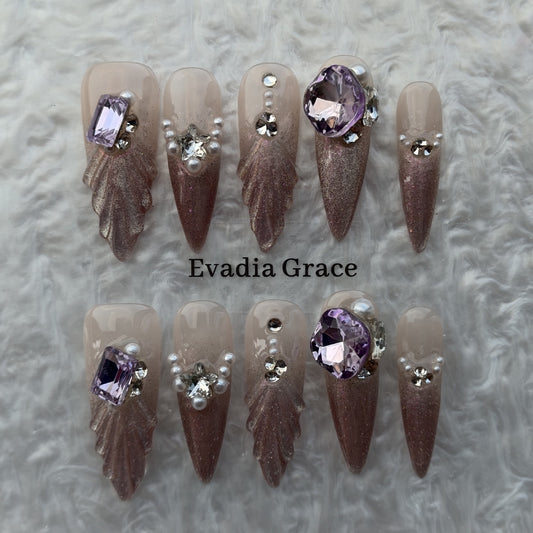Amethyst Mermaid Gradient Press-On Nails by Evadia Grace – Purple Rhinestone Handmade Reusable Nails