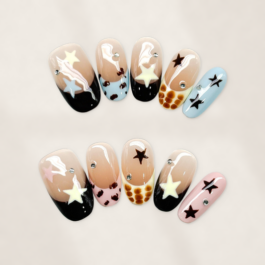 Sugar-Shadow Constellations: Glossy Nude Oval Press-On Nails with Espresso Stars and Pastel Accents 20mm