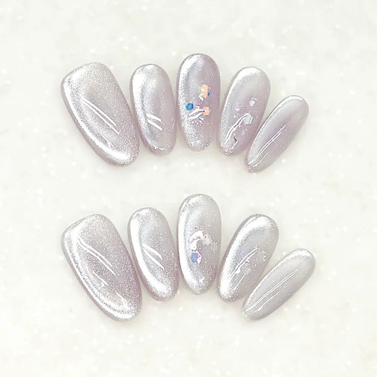 EvadiaGrace Purple Glitter Cat Eye Press On Nails Medium Oval Reusable Nail Kit