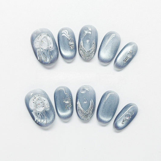 Silver-Blue Cat-Eye Press-Ons by EvadiaGrace