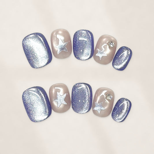 Midnight Wishes Purple Cat-Eye Squoval Press-On Nails with Silver Stars and Crystal Sparkle 15mm