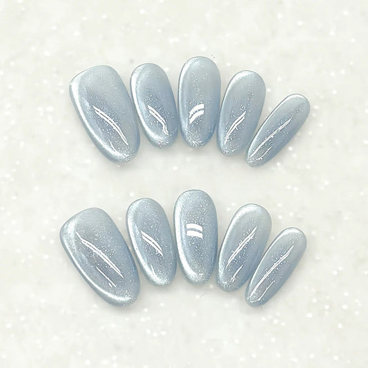 EvadiaGrace Ice Blue Cat Eye Press On Nails Glass Shine Reusable Glue On Nails