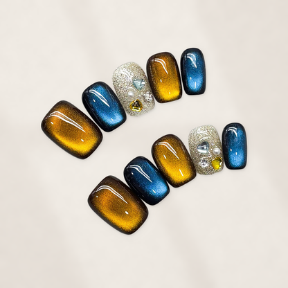 Amber Teal Cat-Eye Short Squoval Press-On Nails with Silver Glitter, Crystal Charms, and Luxe Autumn Contrast  16mm