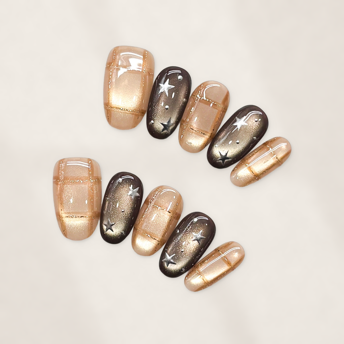 Mocha Galaxy Press-On Nails with Short Oval Tips, Cat-Eye Shimmer, Plaid Lines, and Silver Stars  20mm