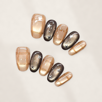 Mocha Galaxy Press-On Nails with Short Oval Tips, Cat-Eye Shimmer, Plaid Lines, and Silver Stars  20mm