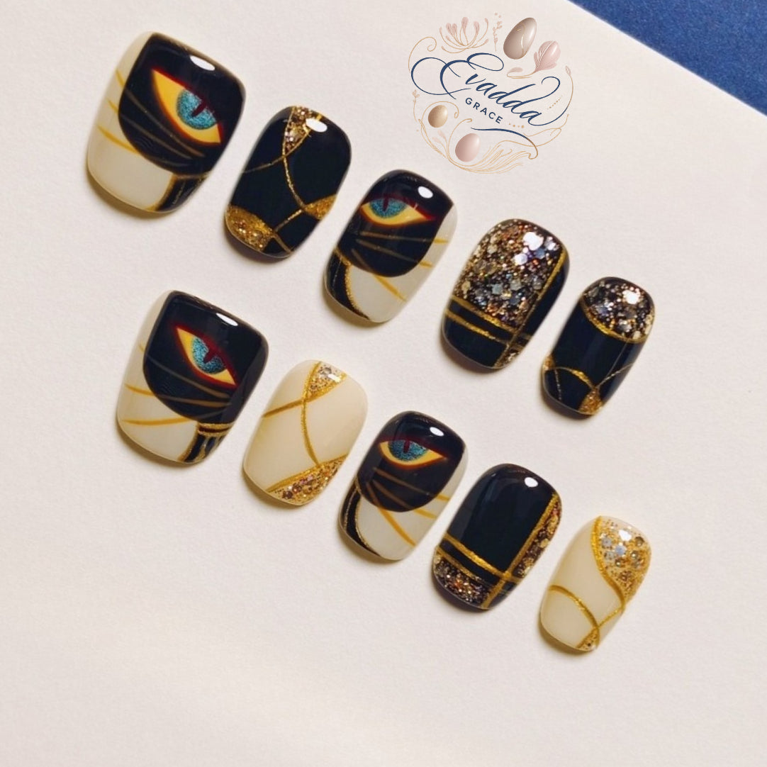 Mystic Eye Black & Gold Press-On Nails – Egyptian Glam Eye Design with Glitter Accents | Short Square Luxury Art Nails | Handmade Nail Tips