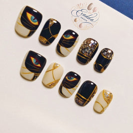 Mystic Eye Black & Gold Press-On Nails – Egyptian Glam Eye Design with Glitter Accents | Short Square Luxury Art Nails | Handmade Nail Tips