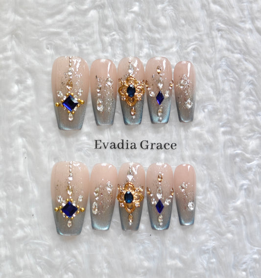 Elegant Blue Jewel Press-On Nails – Nude Glitter Ombre with Faux Gem Accents