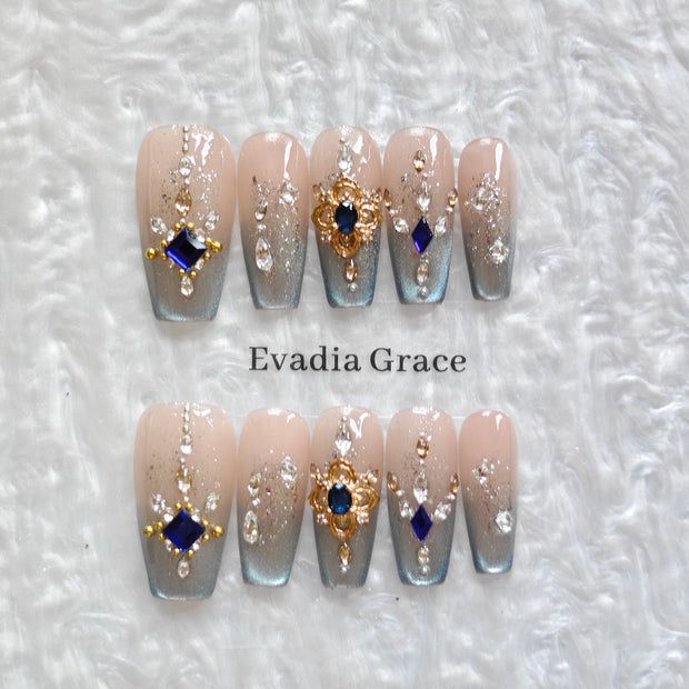 Elegant Blue Jewel Press-On Nails – Nude Glitter Ombre with Faux Gem Accents