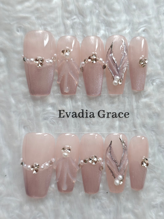 Rose Pink Press-On Nails with Faux Pearl & Rhinestone Accents