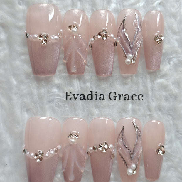 Rose Pink Press-On Nails with Faux Pearl & Rhinestone Accents