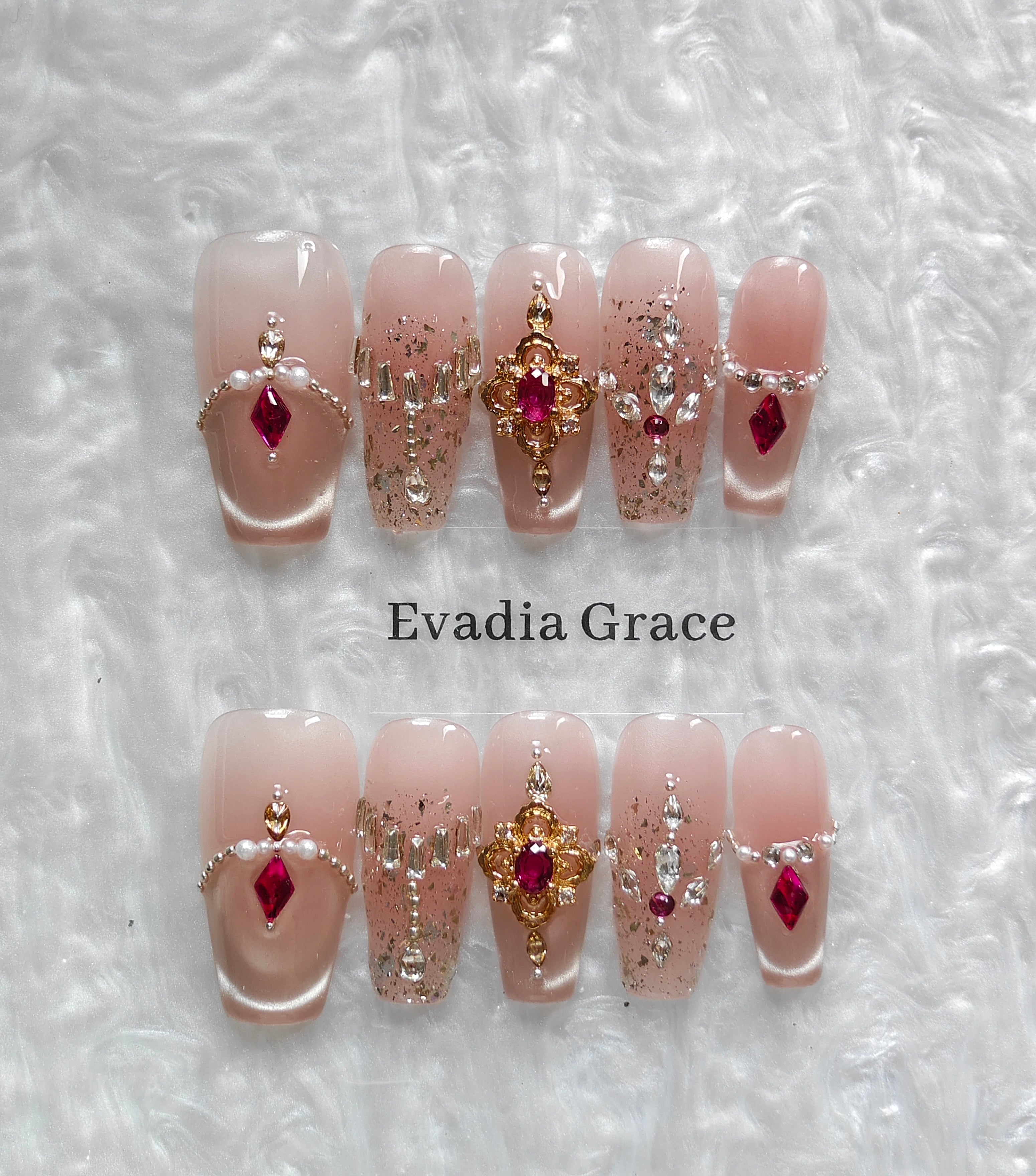 Blush Pink Press-On Nails with Faux Ruby, Pearl & Rhinestone Embellishments