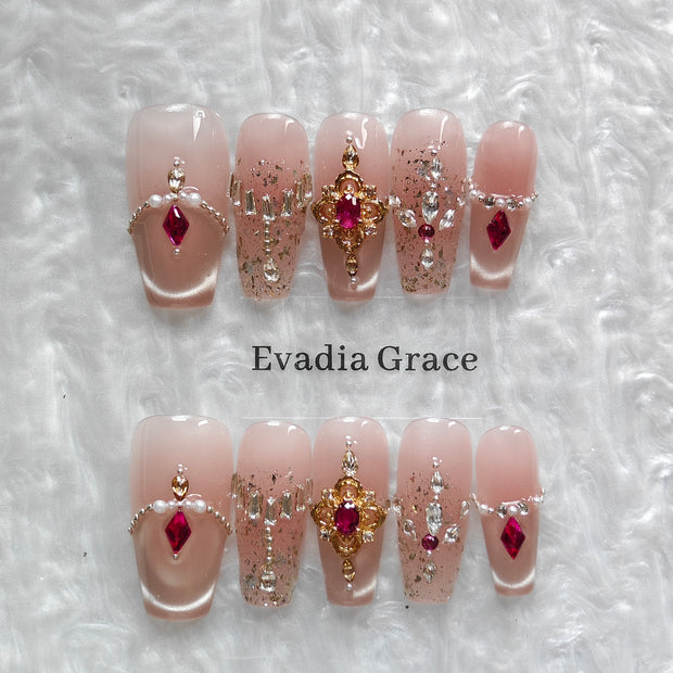 Blush Pink Press-On Nails with Faux Ruby, Pearl & Rhinestone Embellishments