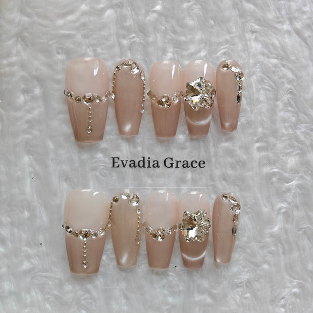 Champagne Brown Press-On Nails with Faux Diamond Rhinestone Accents