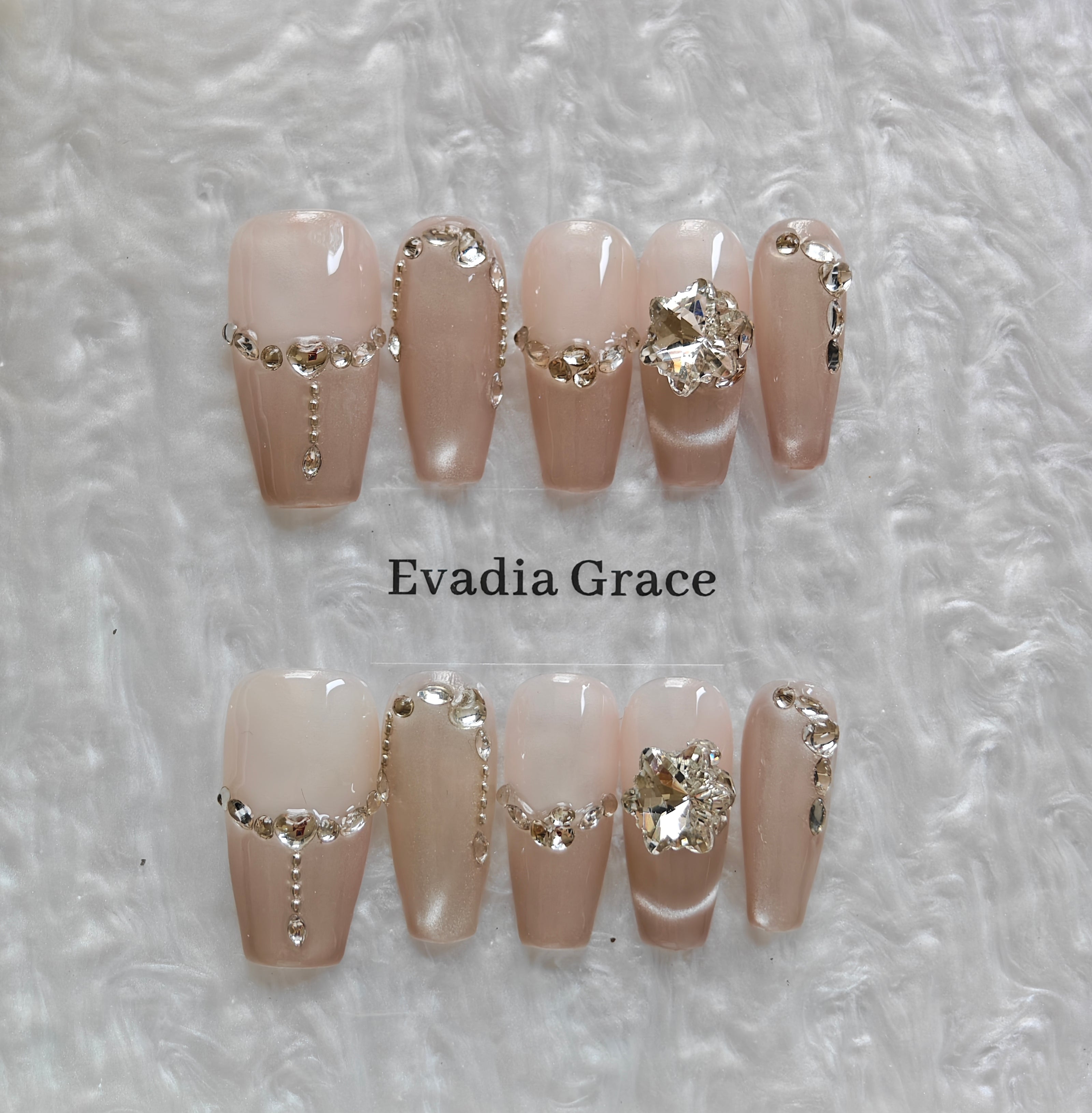 Champagne Brown Press-On Nails with Faux Diamond Rhinestone Accents