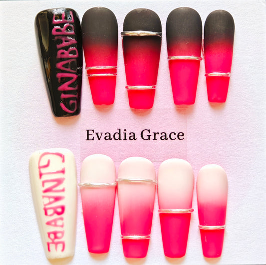 Bold Red Ombre Press-On Nails with Hand-Painted Lettering