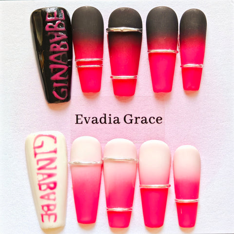 Bold Red Ombre Press-On Nails with Hand-Painted Lettering