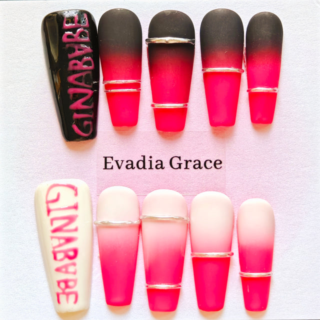 Bold Red Ombre Press-On Nails with Hand-Painted Lettering