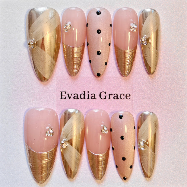 Pink & Gold Press-On Nails with Faux Diamond and Polka Dot Accents
