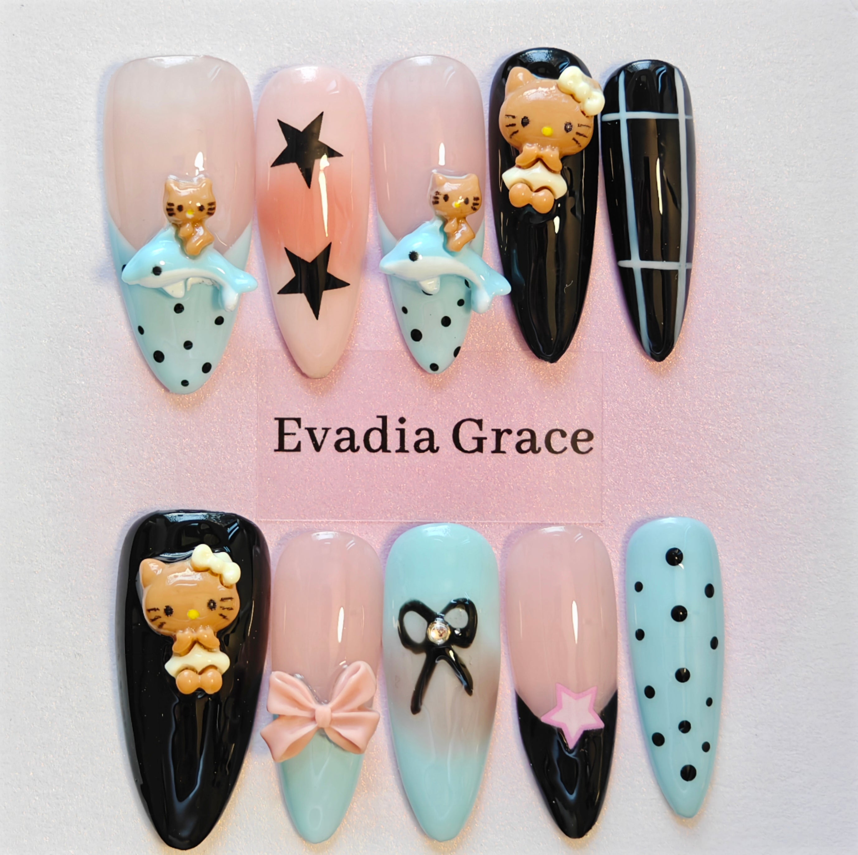 Kawaii Mixed-Element Press-On Nails – Cute Cat, Bows & Pastel Accents