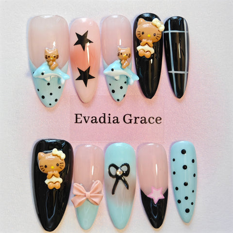 Kawaii Mixed-Element Press-On Nails – Cute Cat, Bows & Pastel Accents