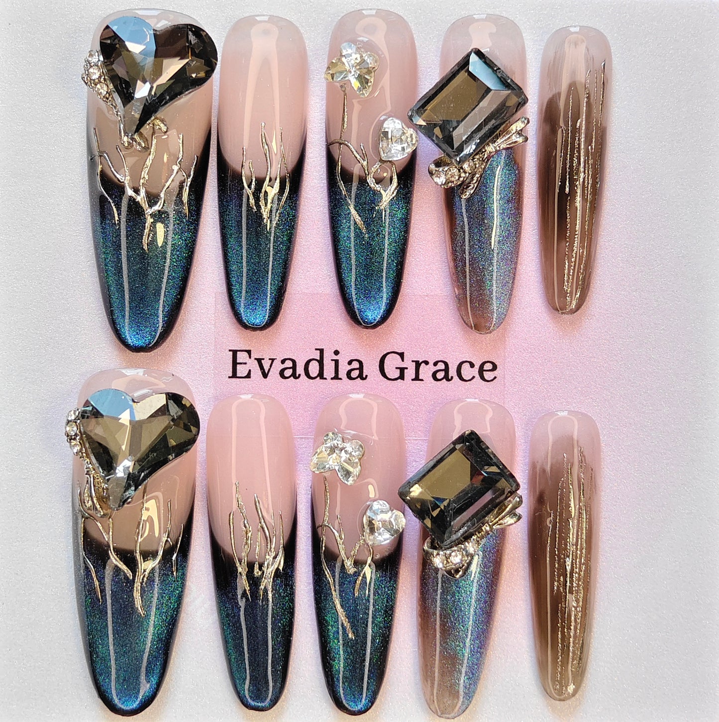 Luxury Deep Green & Pink Press-On Nails with Faux Gem and Gold Detail