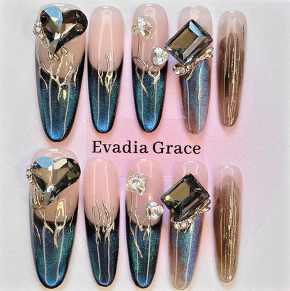 Luxury Deep Green & Pink Press-On Nails with Faux Gem and Gold Detail