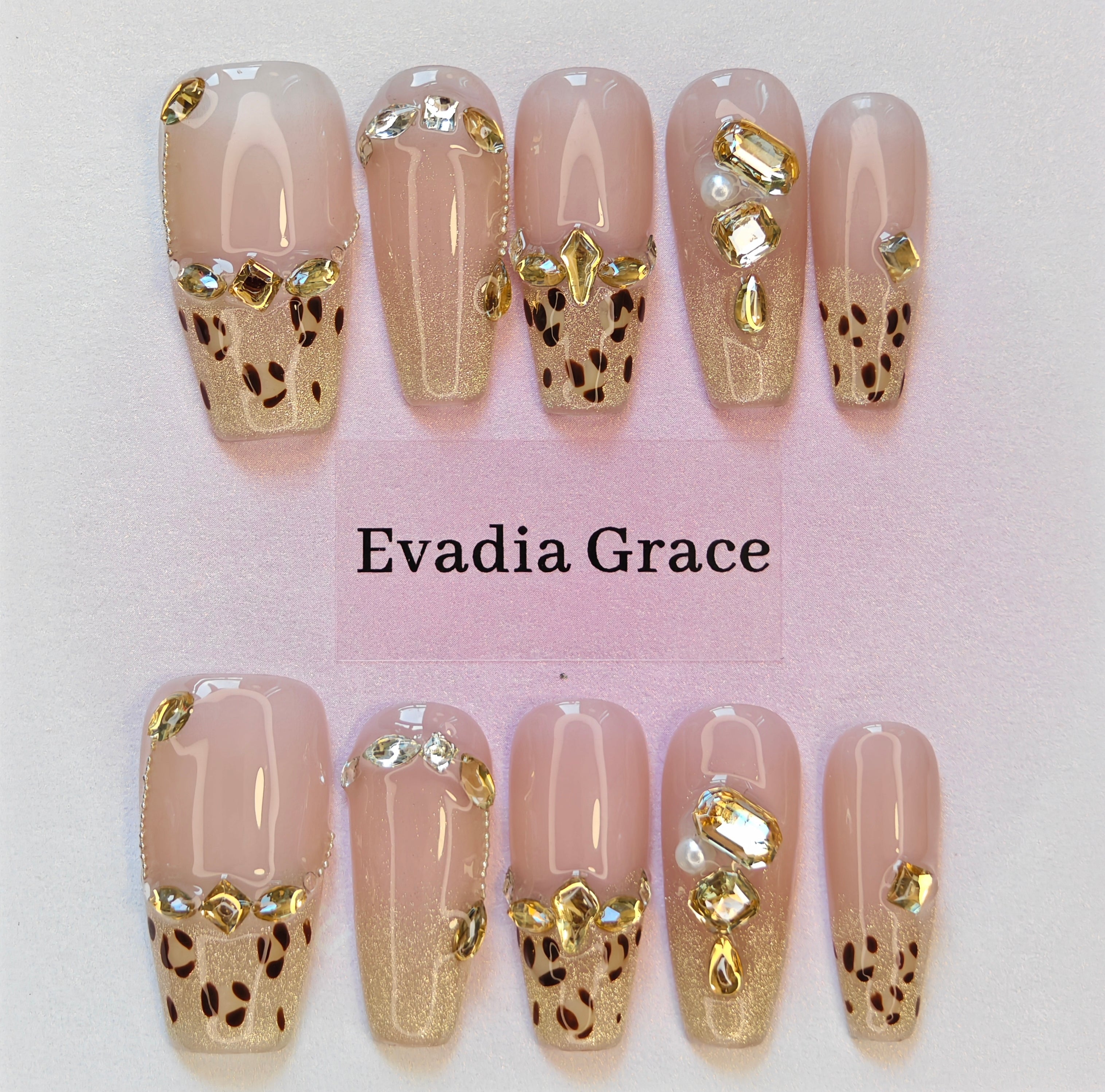 Leopard Gold & Pink Press-On Nails with Faux Gem Accents