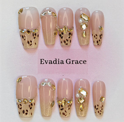 Leopard Gold & Pink Press-On Nails with Faux Gem Accents