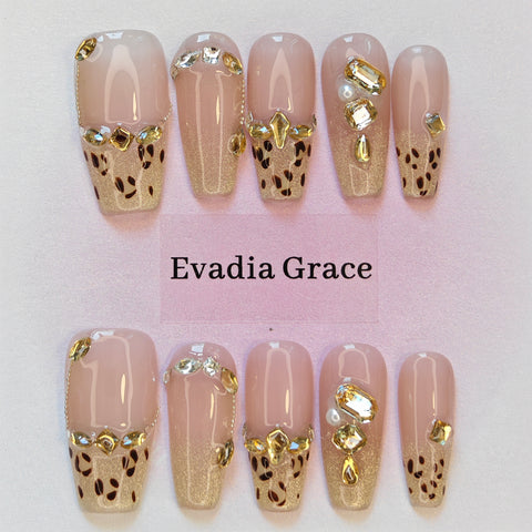 Leopard Gold & Pink Press-On Nails with Faux Gem Accents