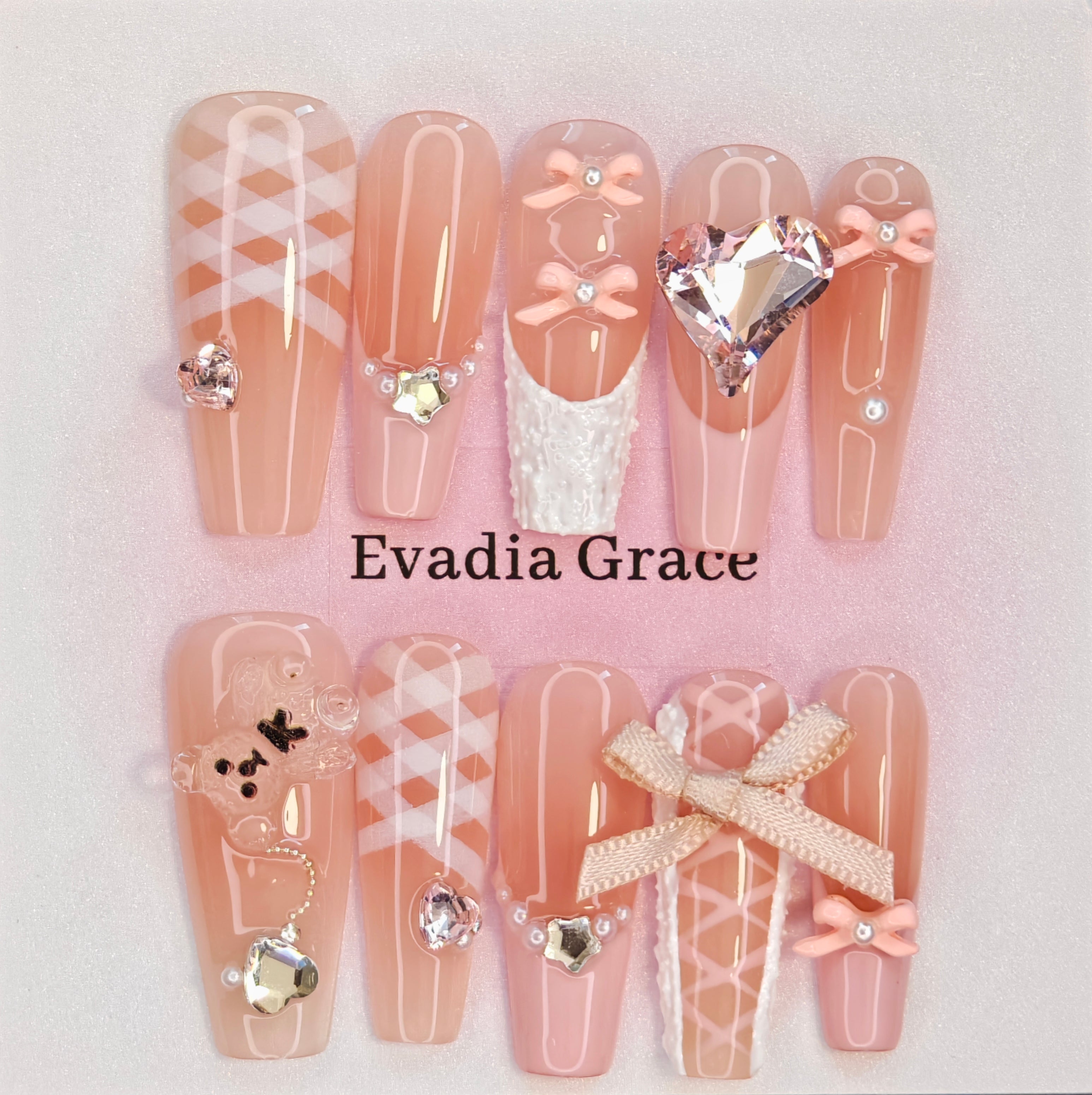 Sweet Pink Press-On Nails with Bows, Plush Accents & Faux Gemstones
